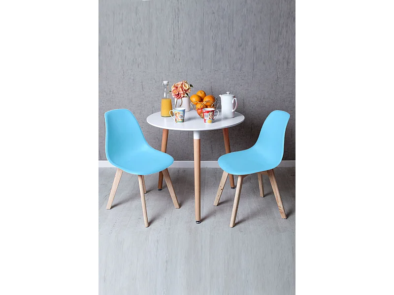 Descuento extra - Conjunto Mesa Tower Redonda 80 cm Blanca y Pack 2 Sillas Kelen - Azul cielo