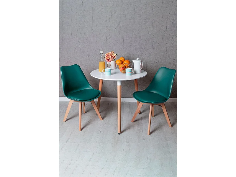Descuento extra - Conjunto Mesa Tower Redonda 80 cm Blanca y Pack 2 Sillas Synk Basic - Verde azulado