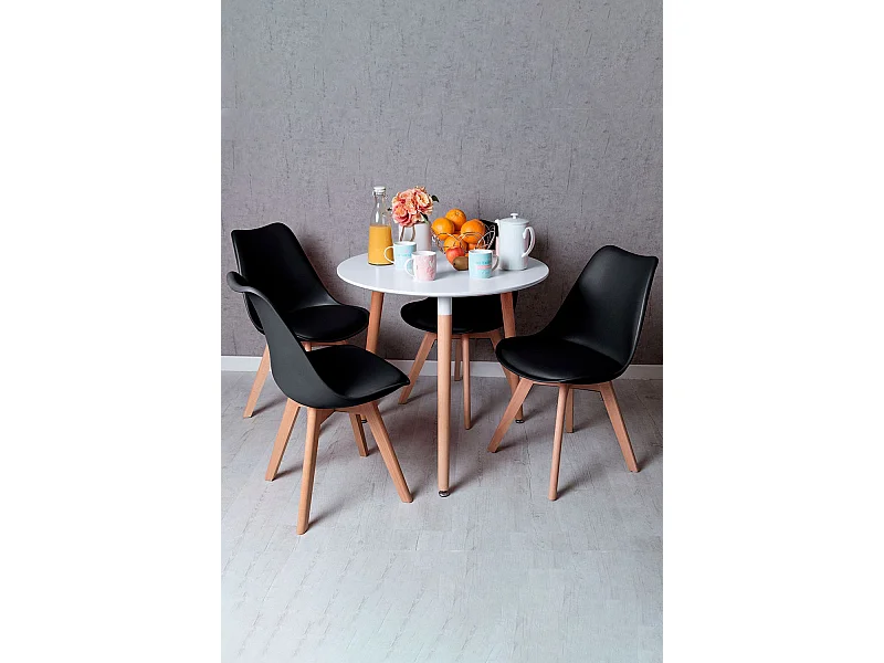 Descuento extra - Conjunto Mesa Tower Redonda 80 cm Blanca y Pack 4 Sillas Synk Basic - Negro