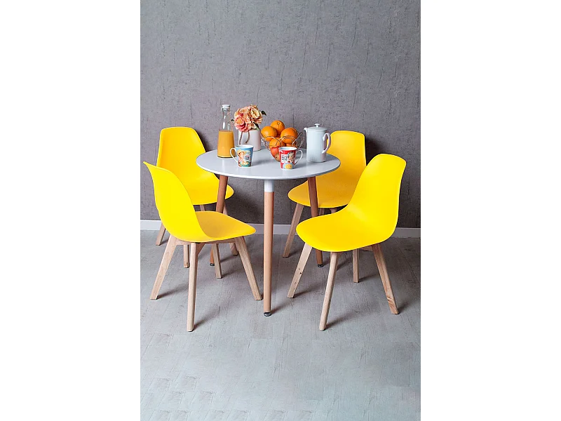 Descuento extra - Conjunto Mesa Tower Redonda 80 cm Blanca y Pack 4 Sillas Kelen - Amarillo