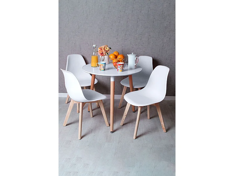 Descuento extra - Conjunto Mesa Tower Redonda 80 cm Blanca y Pack 4 Sillas Kelen - Blanco
