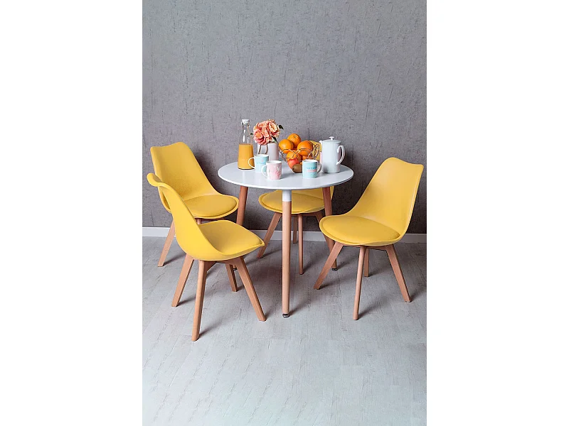 Descuento extra - Conjunto Mesa Tower Redonda 80 cm Blanca y Pack 4 Sillas Synk Basic - Amarillo