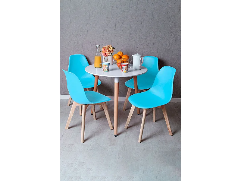 Descuento extra - Conjunto Mesa Tower Redonda 80 cm Blanca y Pack 4 Sillas Kelen - Azul cielo