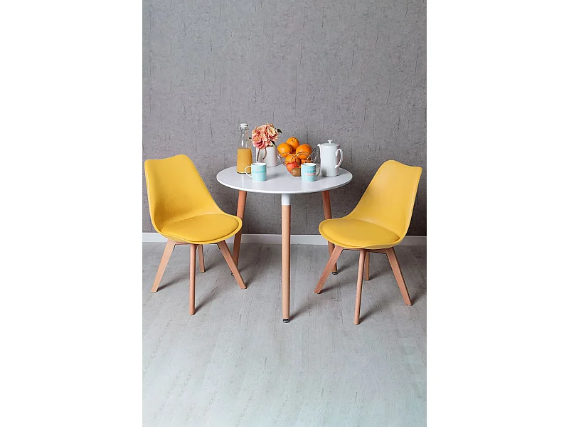 Descuento extra - Conjunto Mesa Tower Redonda 80 cm Blanca y Pack 2 Sillas Synk Basic - Amarillo