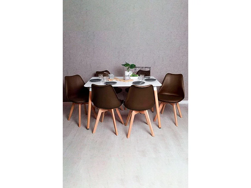 Conjuntos de mesa y sillas - Conjunto Mesa Tower Rectangular 120 x 80 cm Blanca y Pack 6 Sillas Synk Basic - Marrón