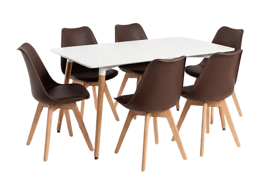 Conjuntos de mesa y sillas - Conjunto Mesa Tower Rectangular 120 x 80 cm Blanca y Pack 6 Sillas Synk Basic - Marrón