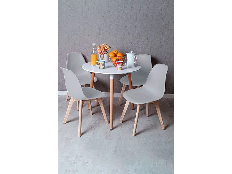Descuento extra - Conjunto Mesa Tower Redonda 80 cm Blanca y Pack 4 Sillas Kelen - Gris