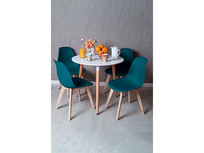Descuento extra - Conjunto Mesa Tower Redonda 80 cm Blanca y Pack 4 Sillas Kelen - Verde azulado
