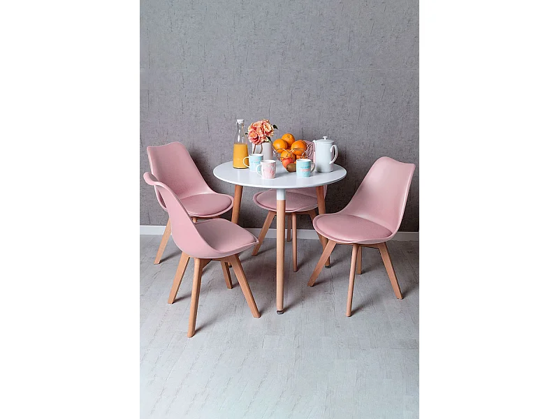 Descuento extra - Conjunto Mesa Tower Redonda 80 cm Blanca y Pack 4 Sillas Synk Basic - Rosa