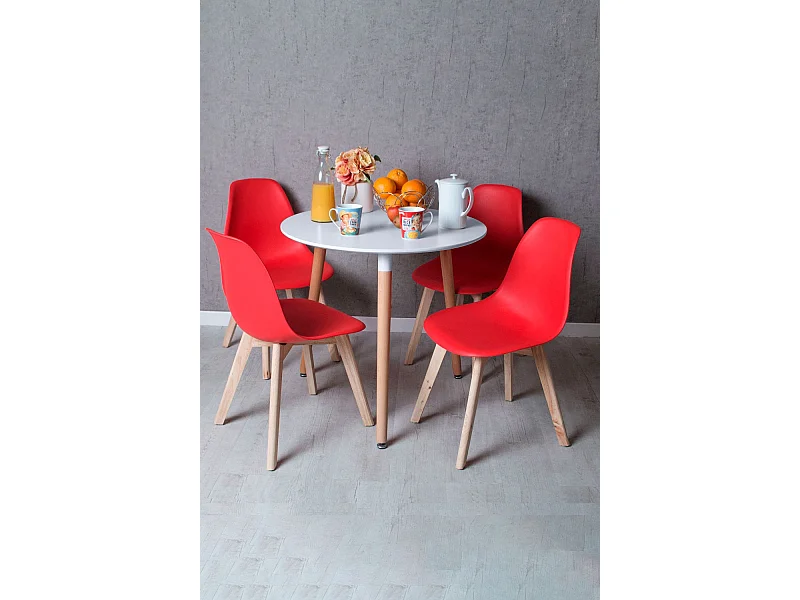 Descuento extra - Conjunto Mesa Tower Redonda 80 cm Blanca y Pack 4 Sillas Kelen - Rojo