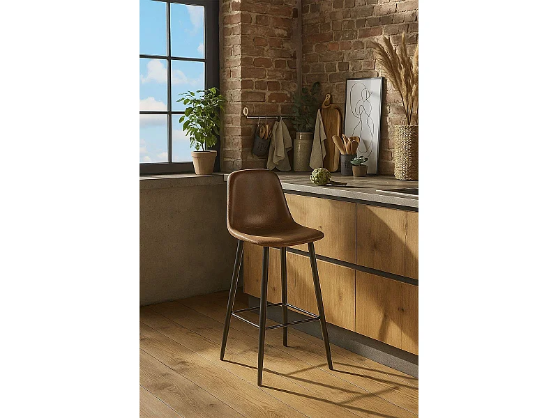 Taburetes Cocina - Taburete Black Teok Polipiel - Marrón Vintage