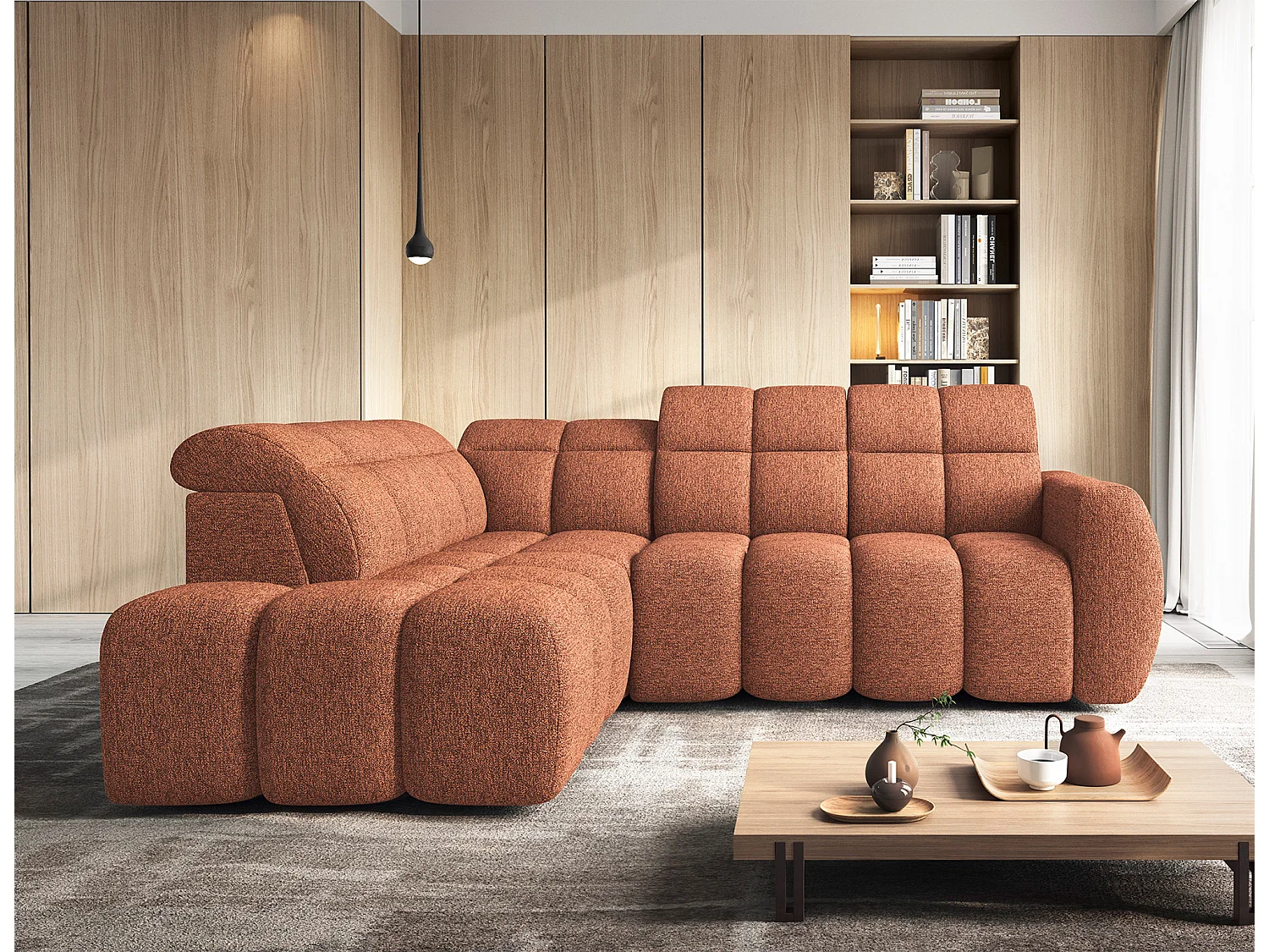 Canapé d’angle tissu Boboon – Convertible et coffre-Couleur Orange chiné-angle gauche