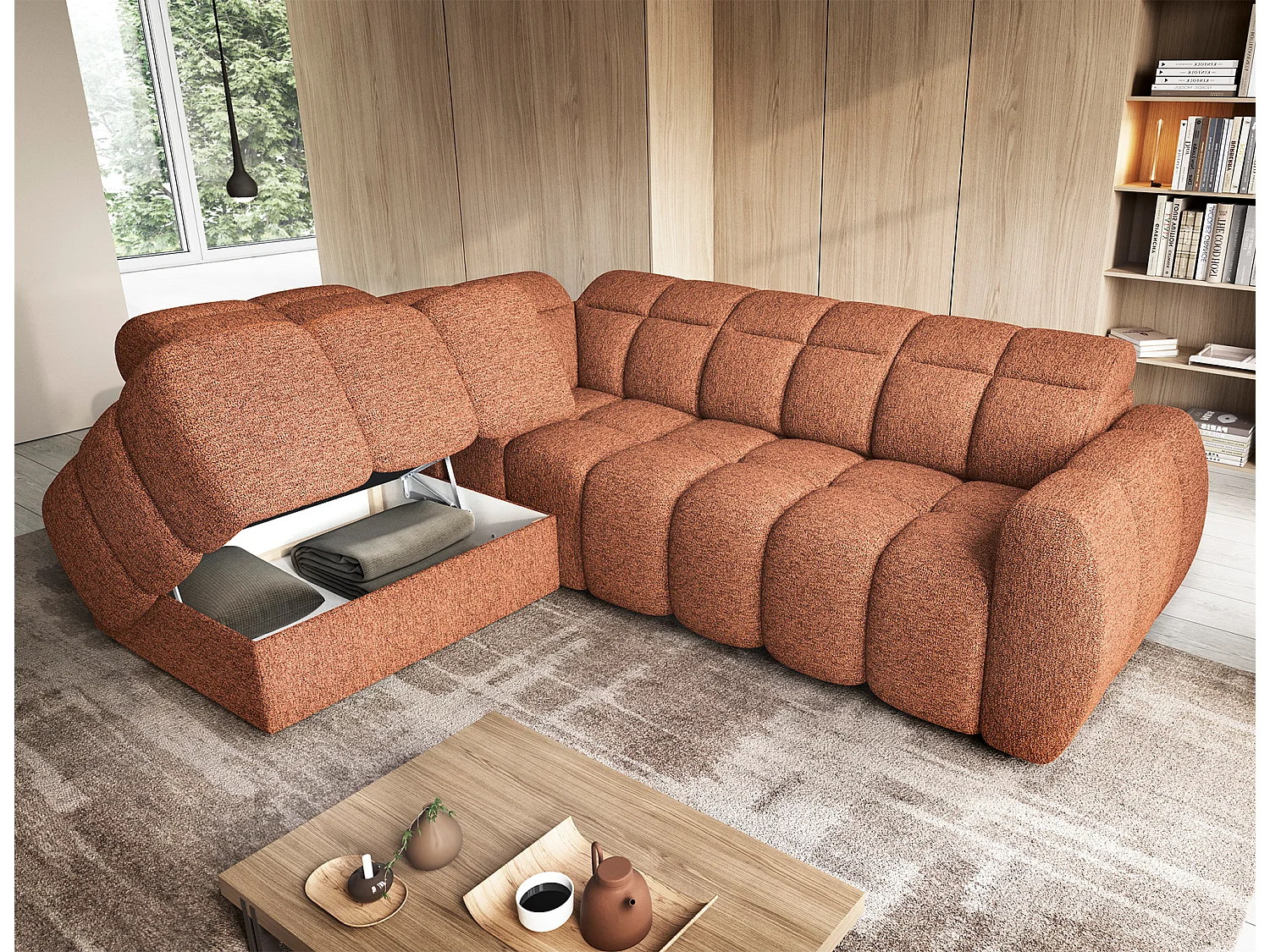 Canapé d’angle tissu Boboon – Convertible et coffre-Couleur Orange chiné-angle gauche