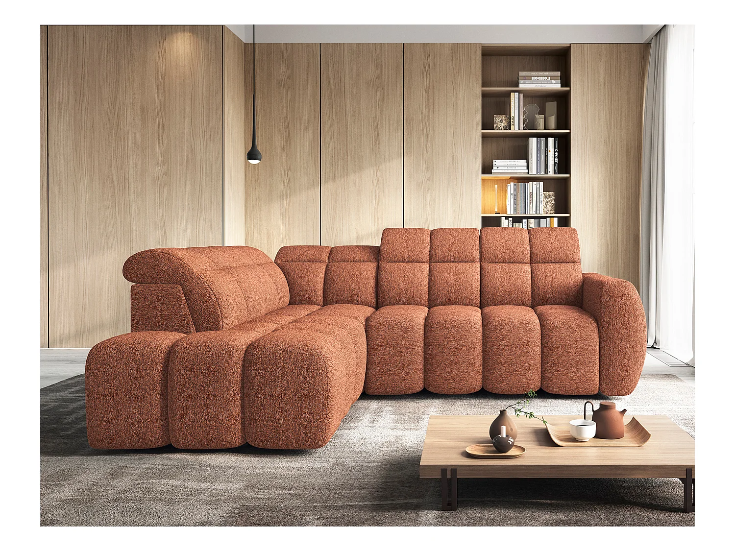 Canapé d’angle tissu Boboon – Convertible et coffre-Couleur Orange chiné-angle gauche