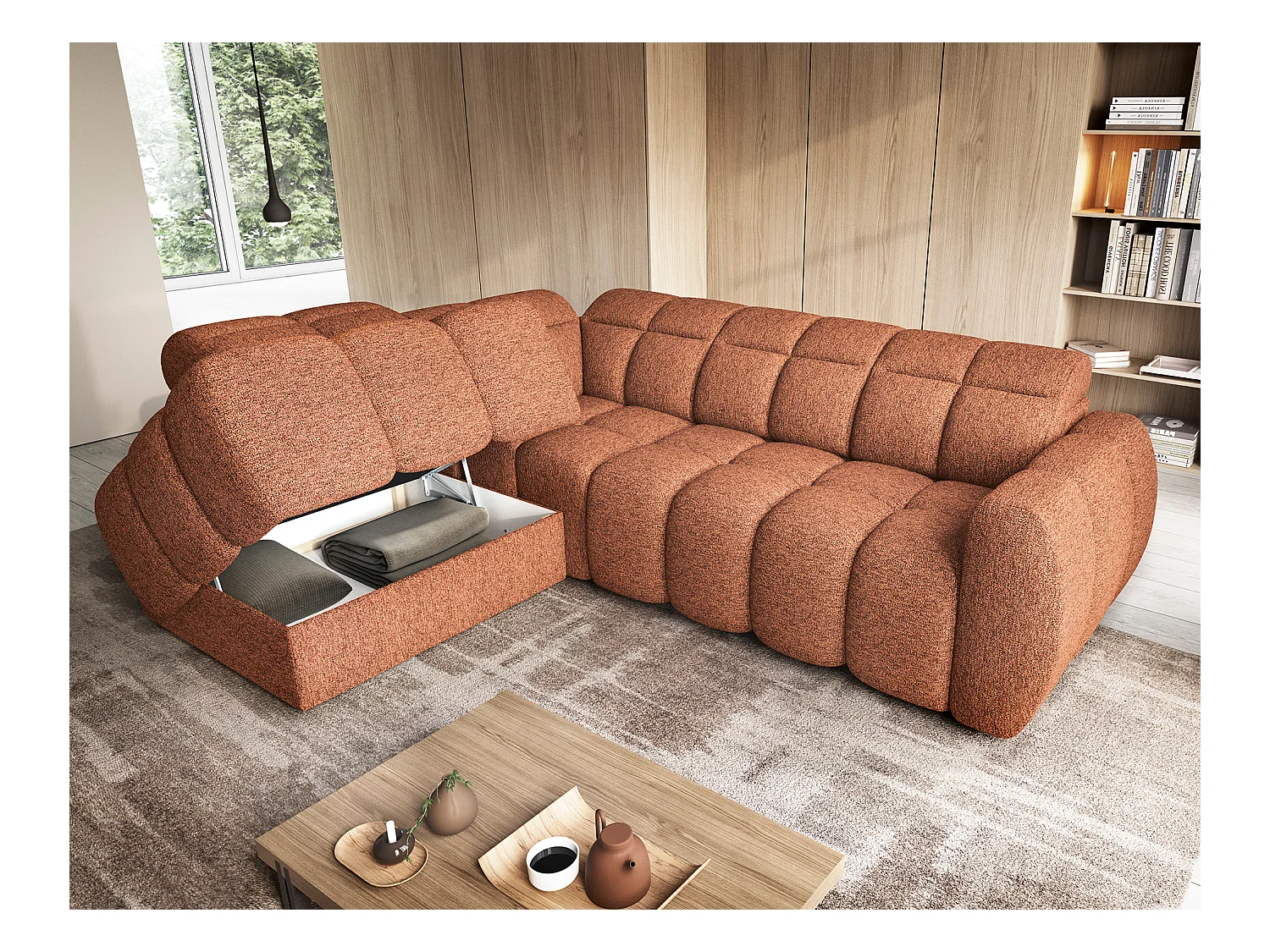 Canapé d’angle tissu Boboon – Convertible et coffre-Couleur Orange chiné-angle gauche