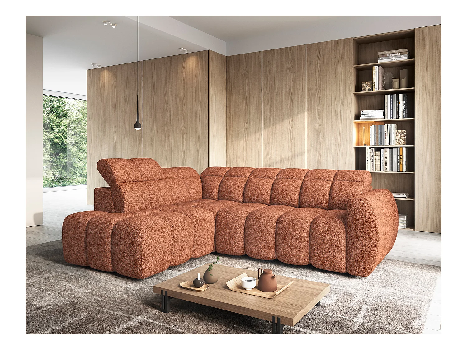 Canapé d’angle tissu Boboon – Convertible et coffre-Couleur Orange chiné-angle gauche