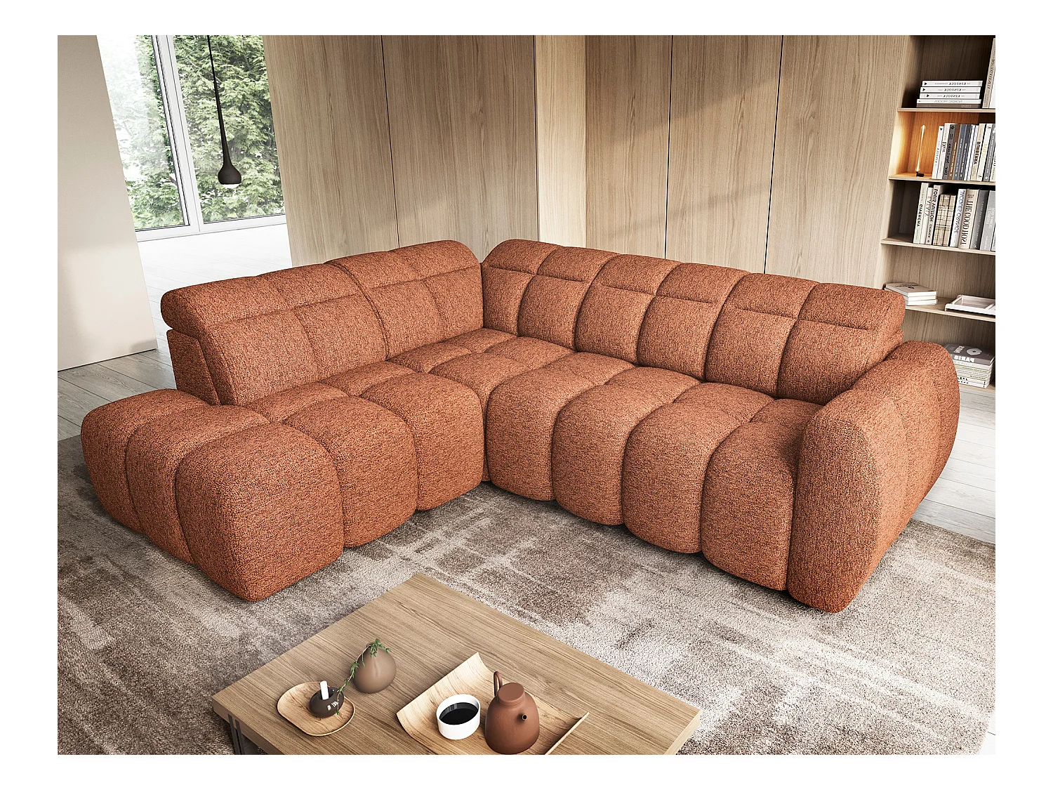 Canapé d’angle tissu Boboon – Convertible et coffre-Couleur Orange chiné-angle gauche