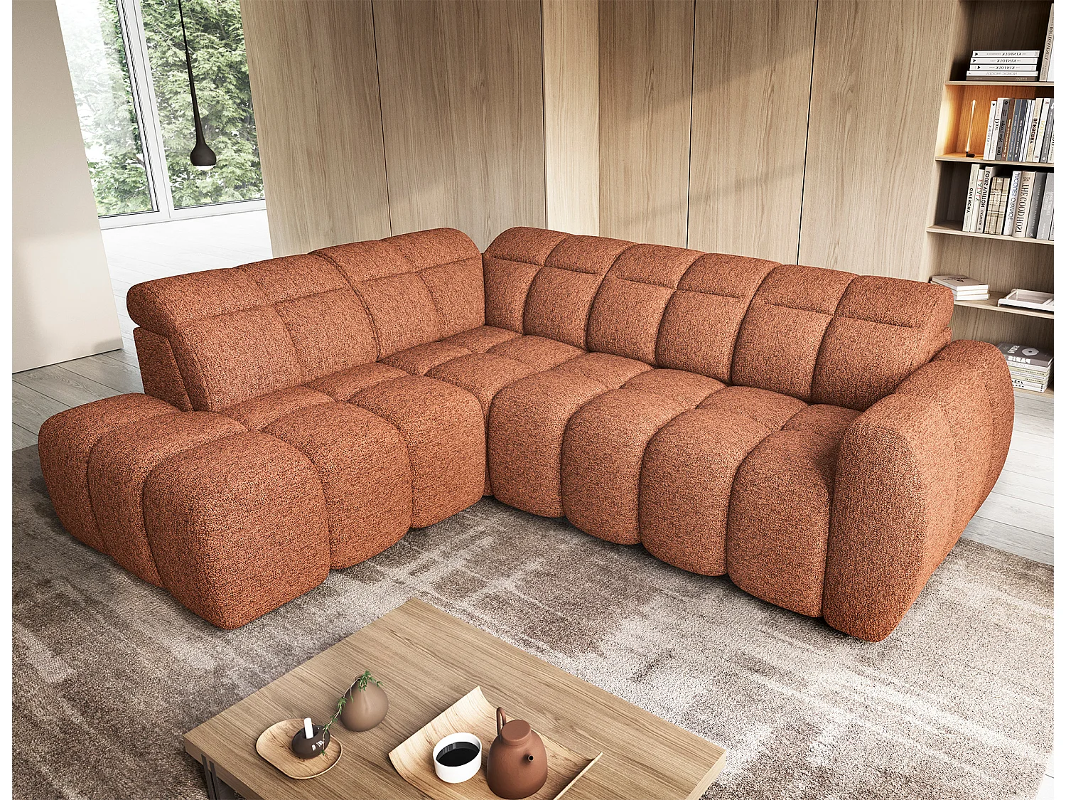 Canapé d’angle tissu Boboon – Convertible et coffre-Couleur Orange chiné-angle gauche