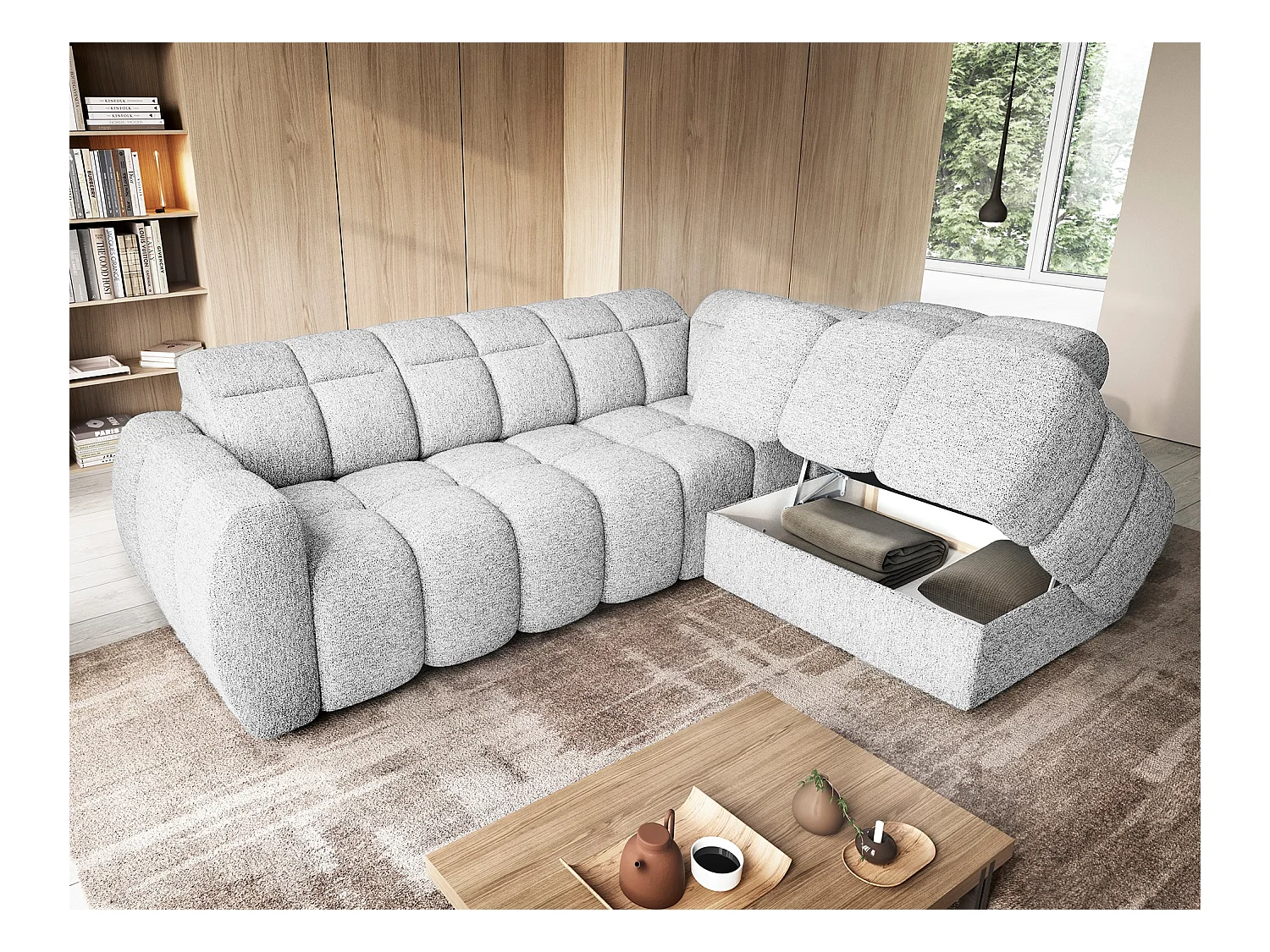 Canapé d’angle tissu Boboon – Convertible et coffre-Couleur Gris clair-angle droit