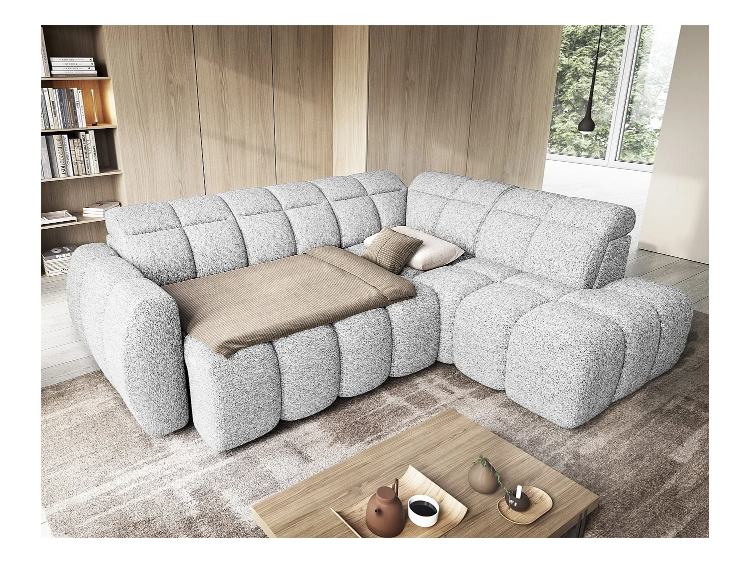 Canapé d’angle tissu Boboon – Convertible et coffre-Couleur Gris clair-angle droit
