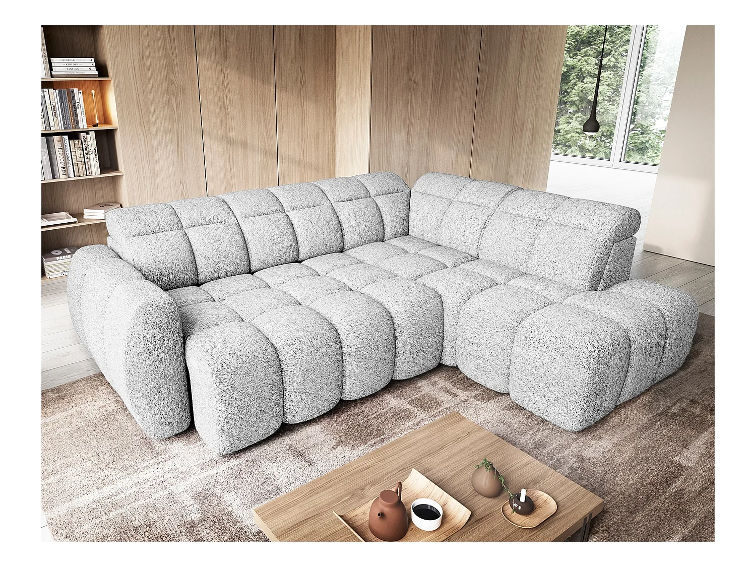 Canapé d’angle tissu Boboon – Convertible et coffre-Couleur Gris clair-angle droit