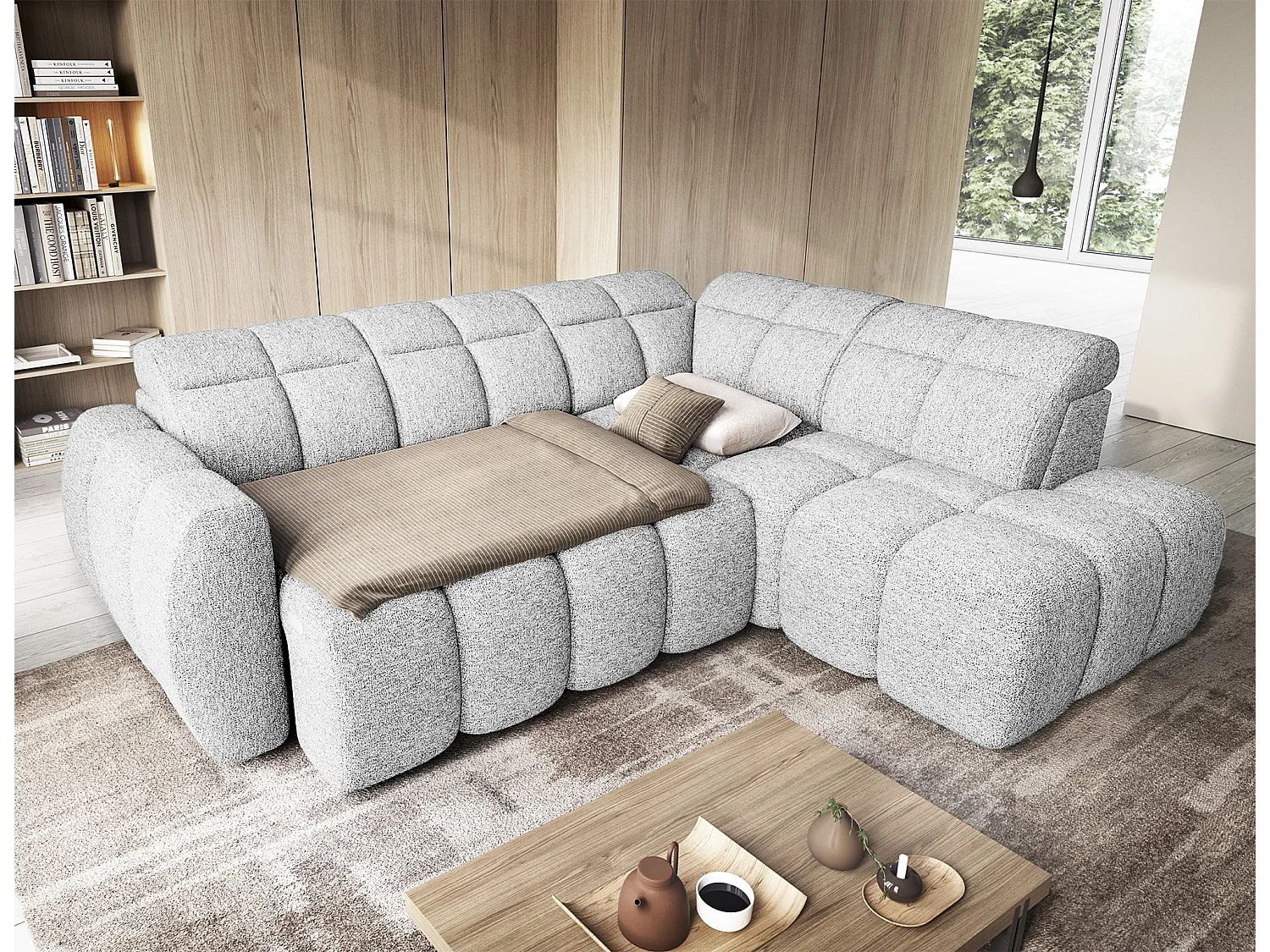 Canapé d’angle tissu Boboon – Convertible et coffre-Couleur Gris clair-angle droit