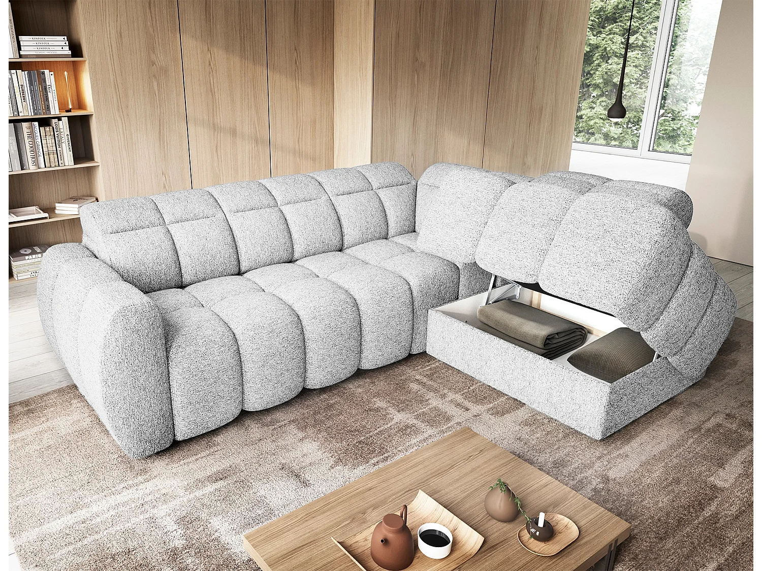 Canapé d’angle convertible 4 places tissu BOBOON 258cm – Coffre de rangement-Gris clair-angle droit