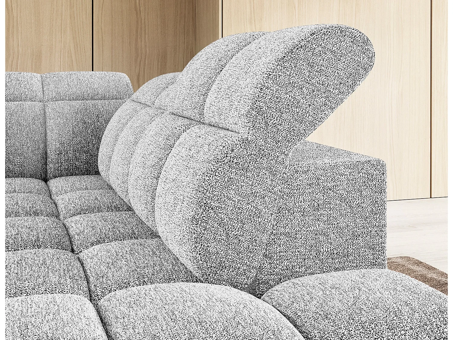 Canapé d’angle convertible 4 places tissu BOBOON 258cm – Coffre de rangement-Gris clair-angle droit