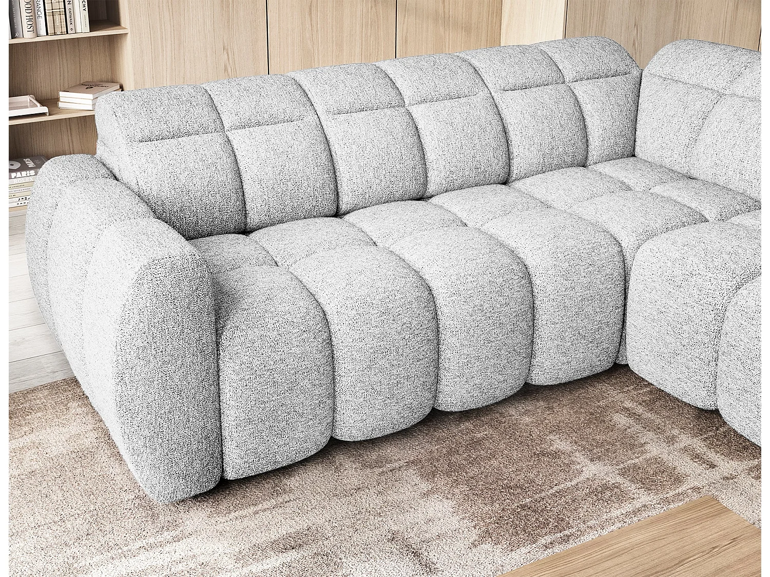 Canapé d’angle convertible 4 places tissu BOBOON 258cm – Coffre de rangement-Gris clair-angle droit