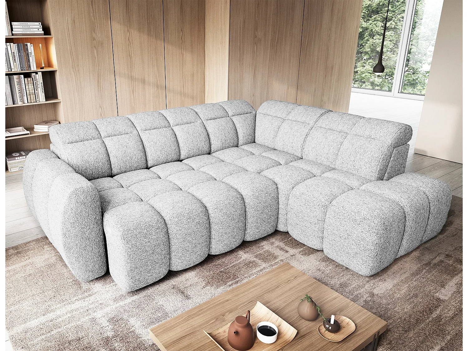 Canapé d’angle convertible 4 places tissu BOBOON 258cm – Coffre de rangement-Gris clair-angle droit