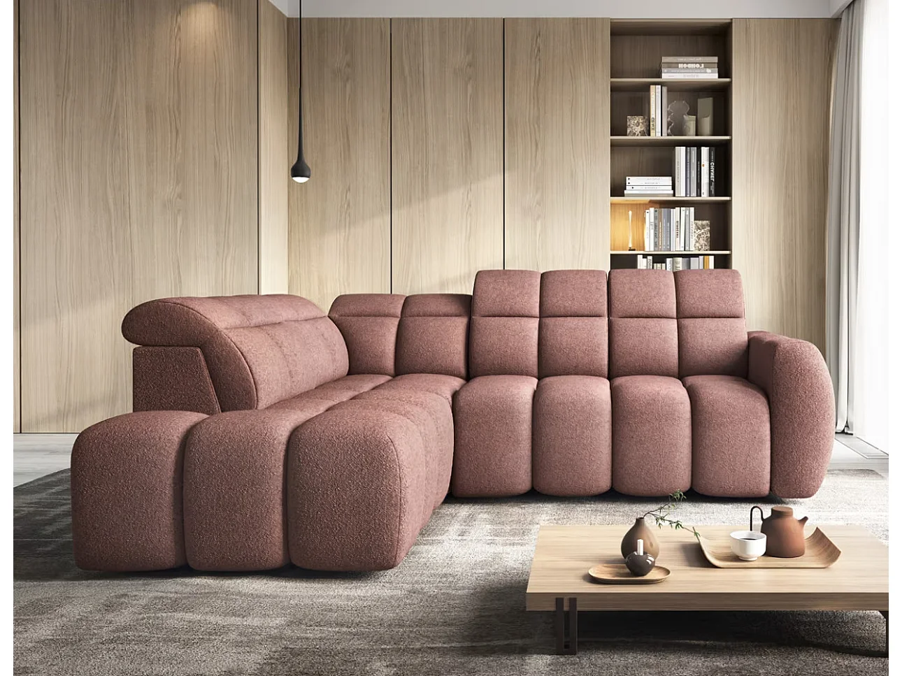 Canapé d’angle tissu Boboon – Convertible et coffre-Couleur Terracotta-angle gauche