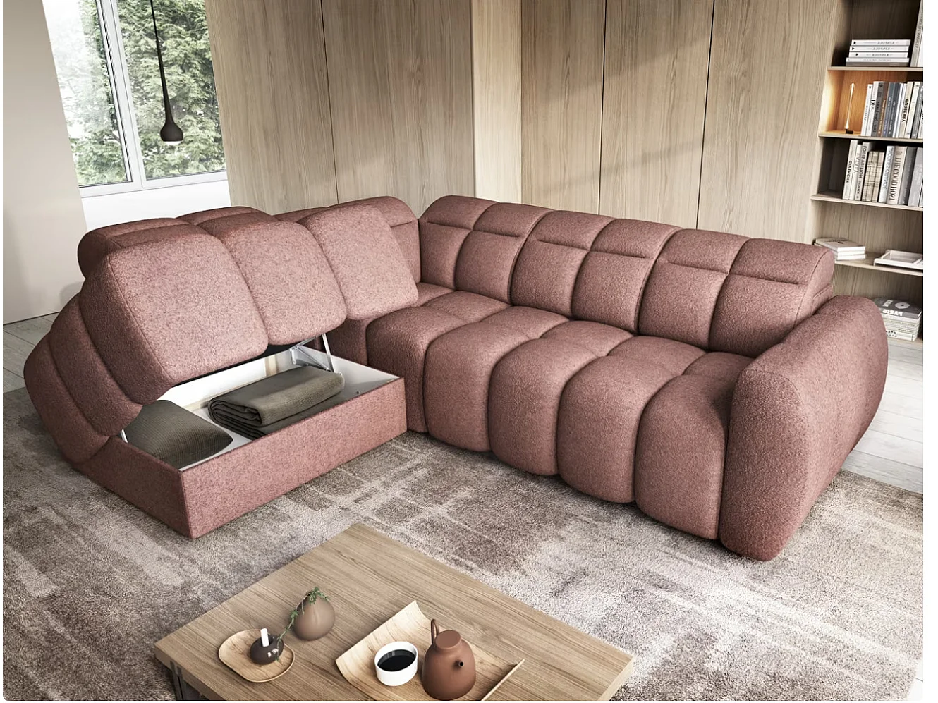 Canapé d’angle tissu Boboon – Convertible et coffre-Couleur Terracotta-angle gauche