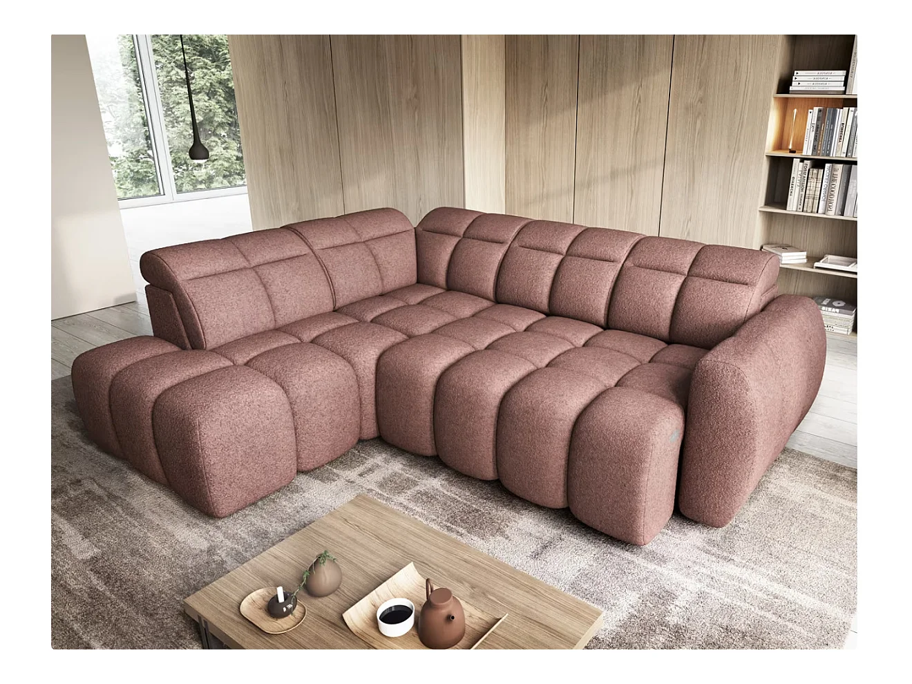 Canapé d’angle tissu Boboon – Convertible et coffre-Couleur Terracotta-angle gauche