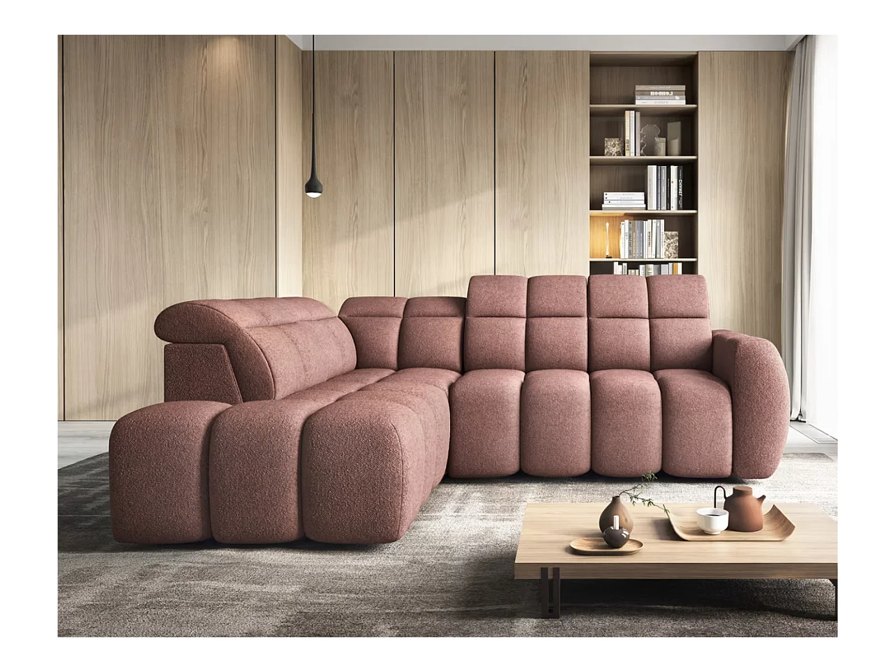 Canapé d’angle tissu Boboon – Convertible et coffre-Couleur Terracotta-angle gauche