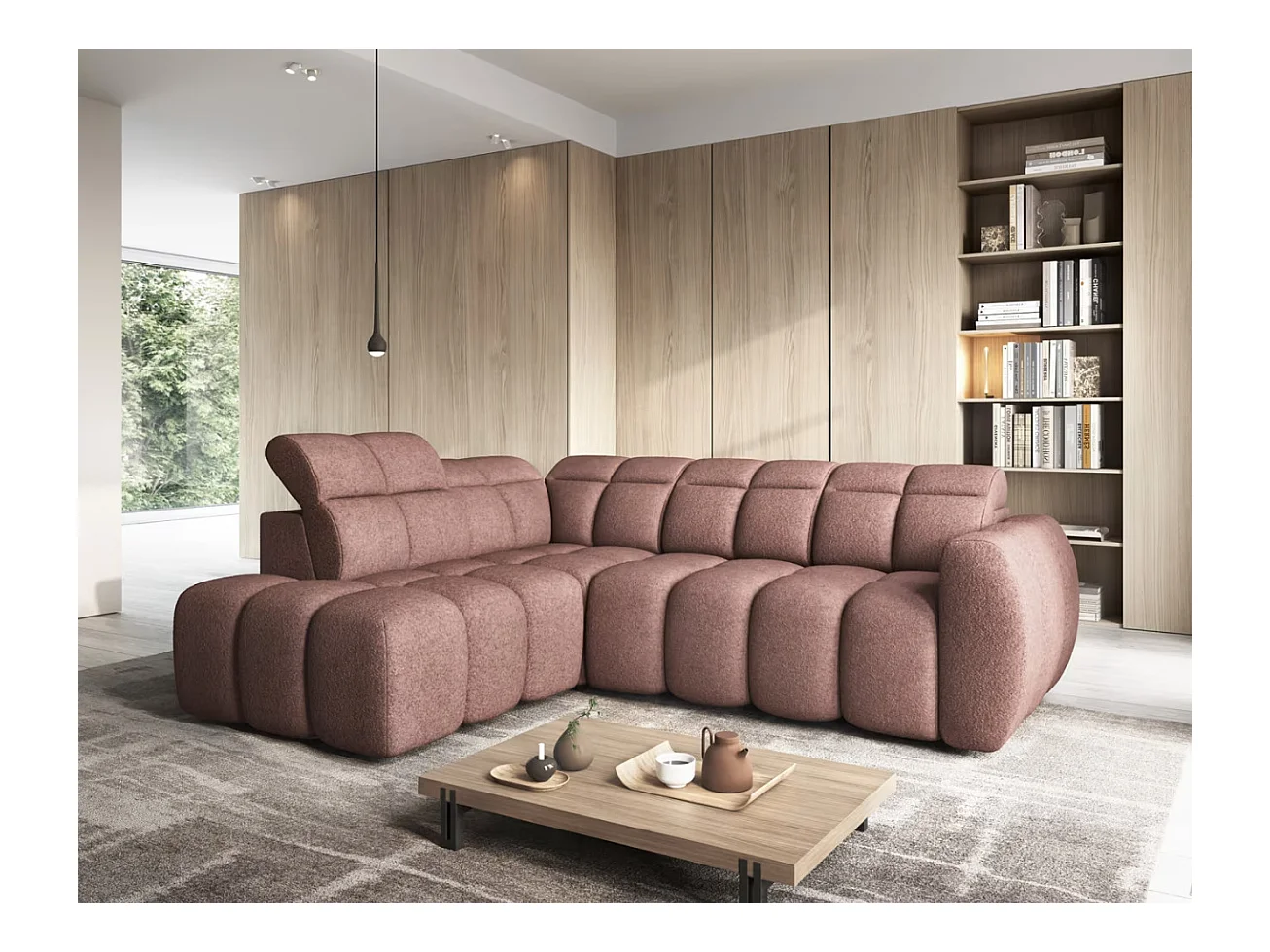 Canapé d’angle tissu Boboon – Convertible et coffre-Couleur Terracotta-angle gauche