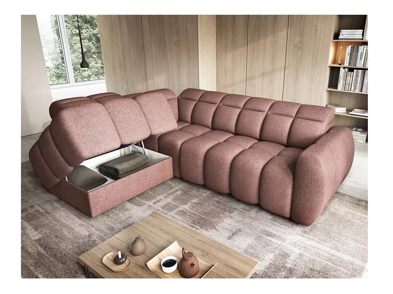 Canapé d’angle tissu Boboon – Convertible et coffre-Couleur Terracotta-angle gauche