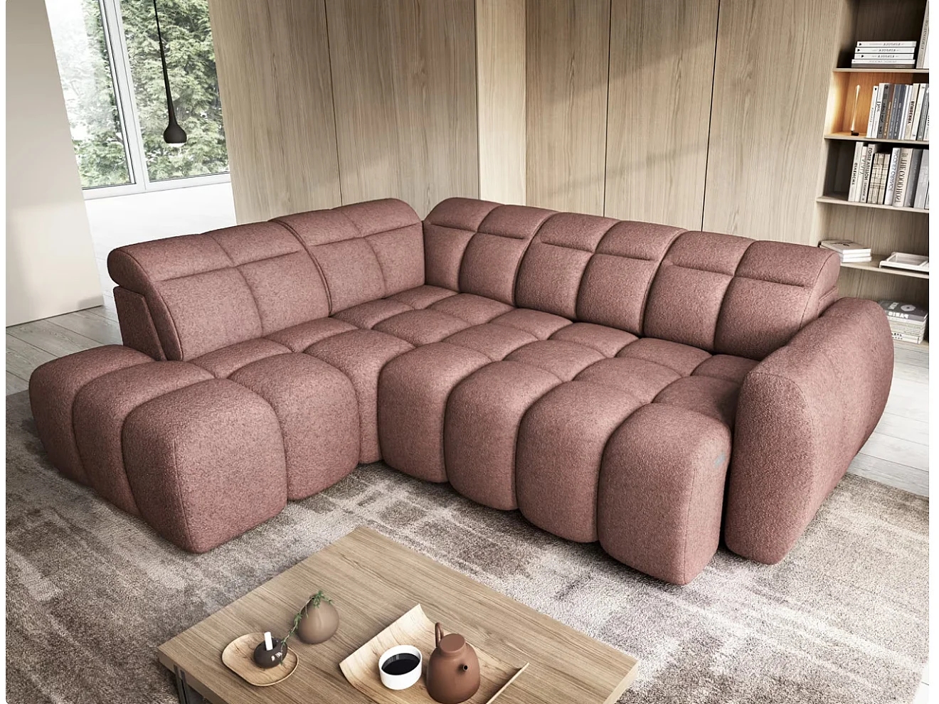 Canapé d’angle tissu Boboon – Convertible et coffre-Couleur Terracotta-angle gauche