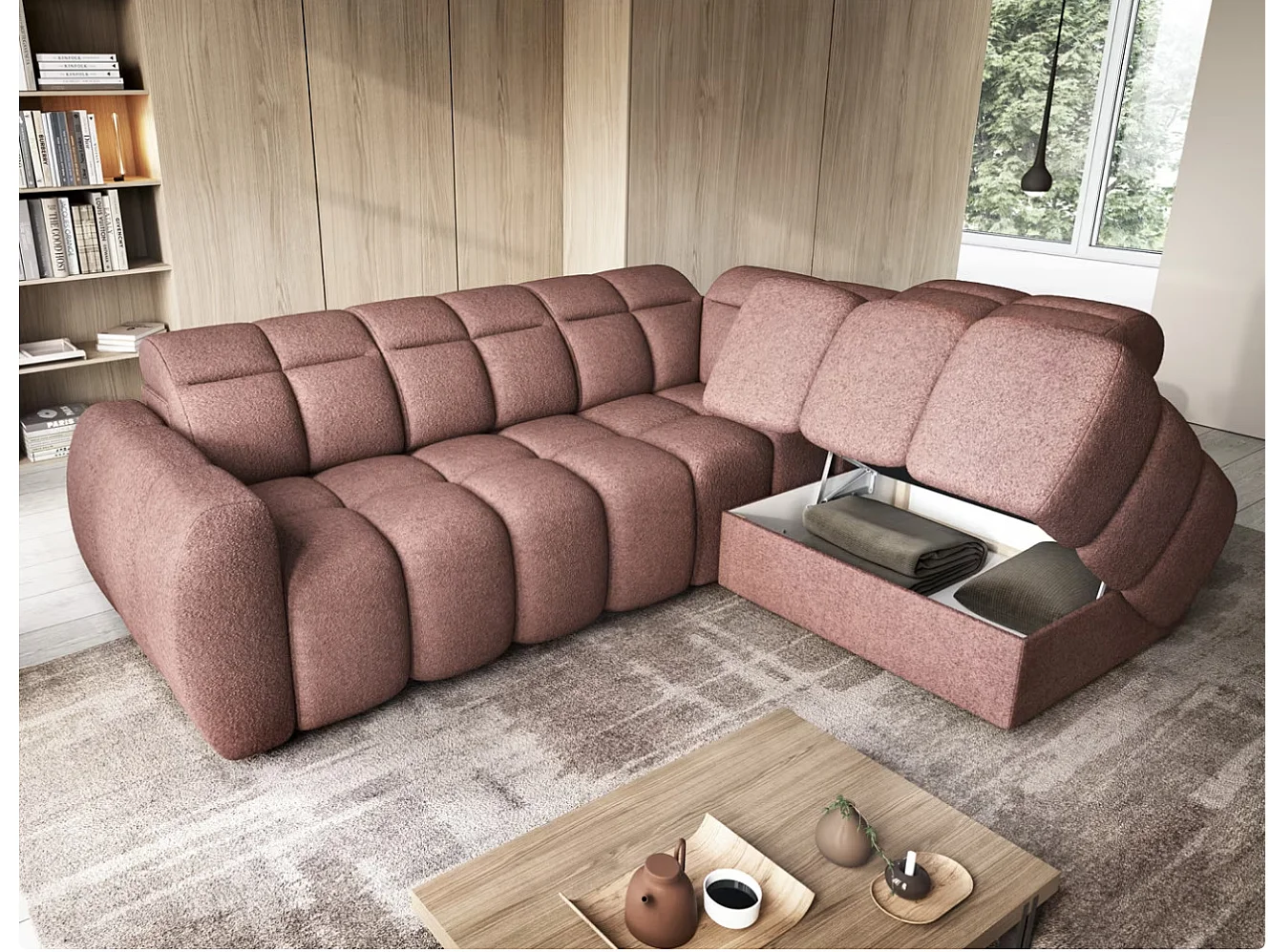 Canapé d’angle tissu Boboon – Convertible et coffre-Couleur Terracotta-angle droit