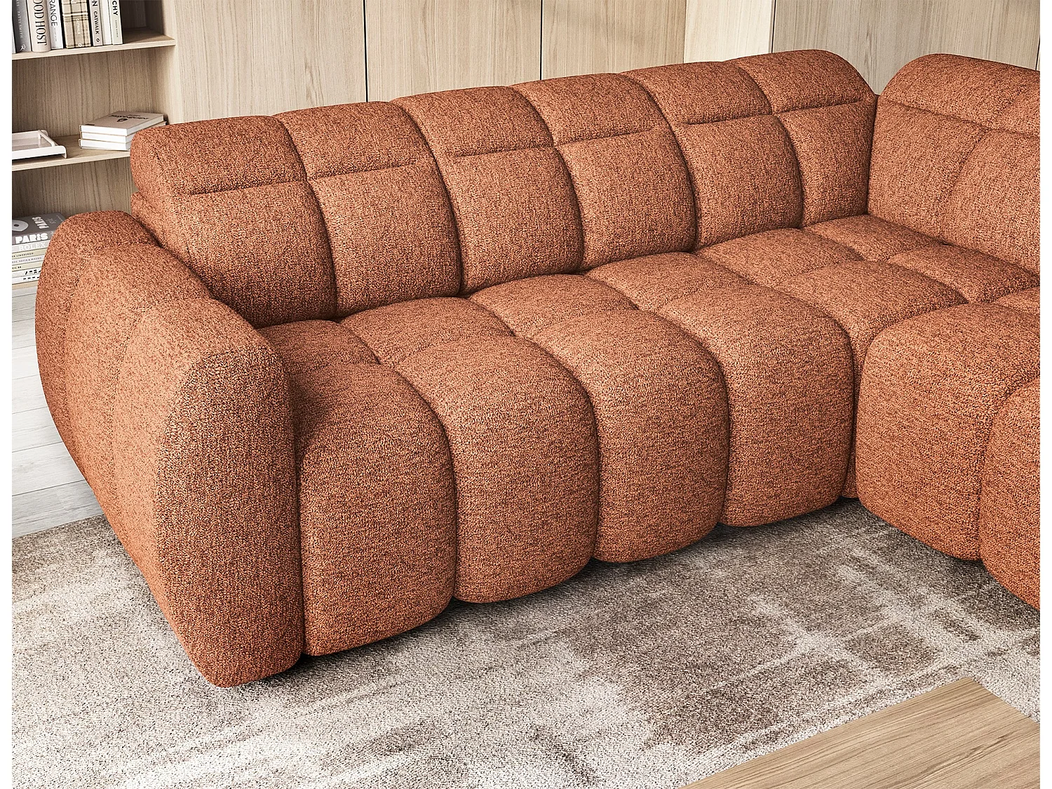 Canapé d’angle convertible 4 places BOBOON en tissu avec coffre de rangement – 258cm-Orange chiné-angle droit