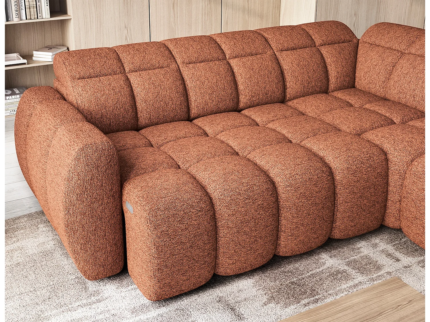 Canapé d’angle convertible 4 places BOBOON en tissu avec coffre de rangement – 258cm-Orange chiné-angle droit