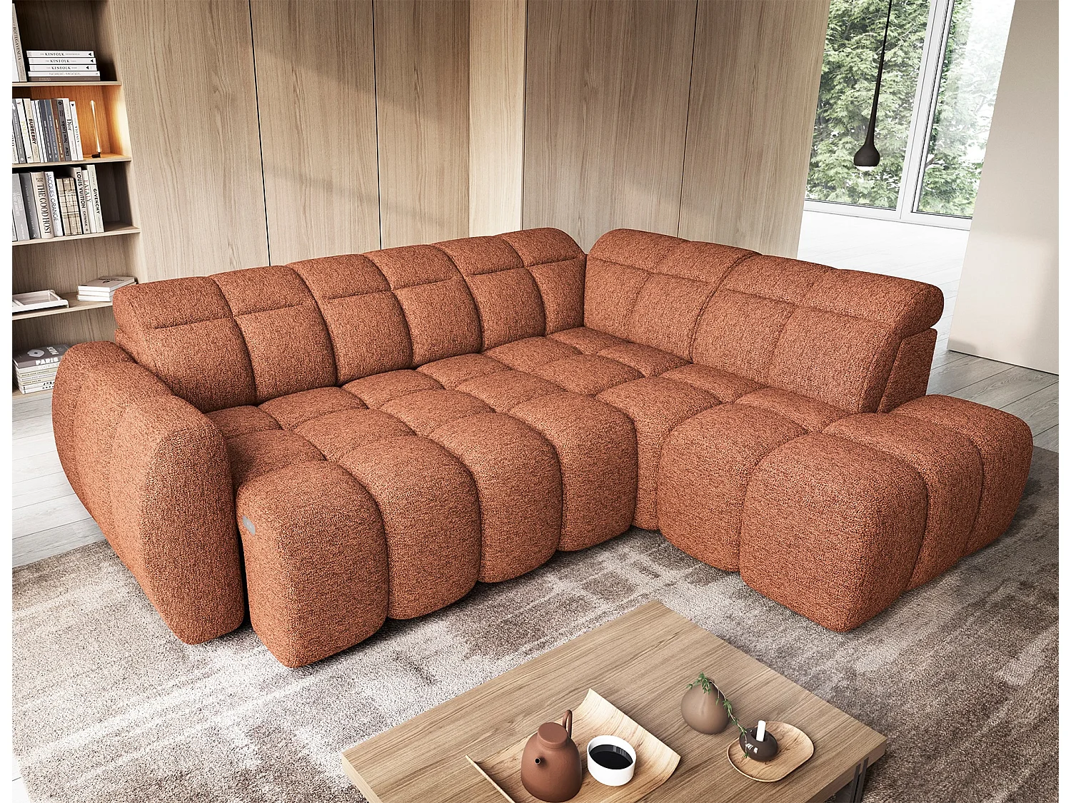 Canapé d’angle convertible 4 places BOBOON en tissu avec coffre de rangement – 258cm-Orange chiné-angle droit