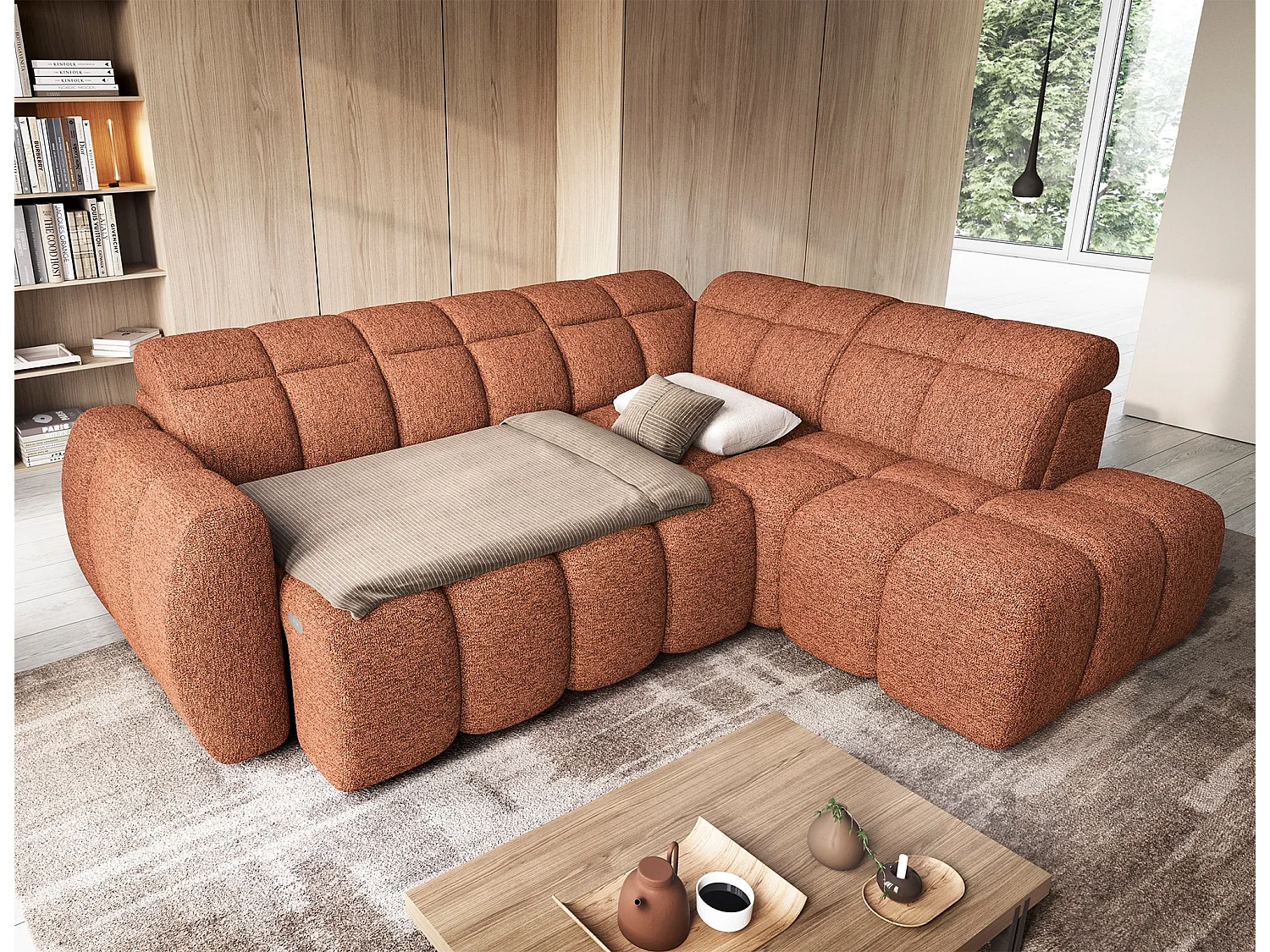 Canapé d’angle convertible 4 places BOBOON en tissu avec coffre de rangement – 258cm-Orange chiné-angle droit