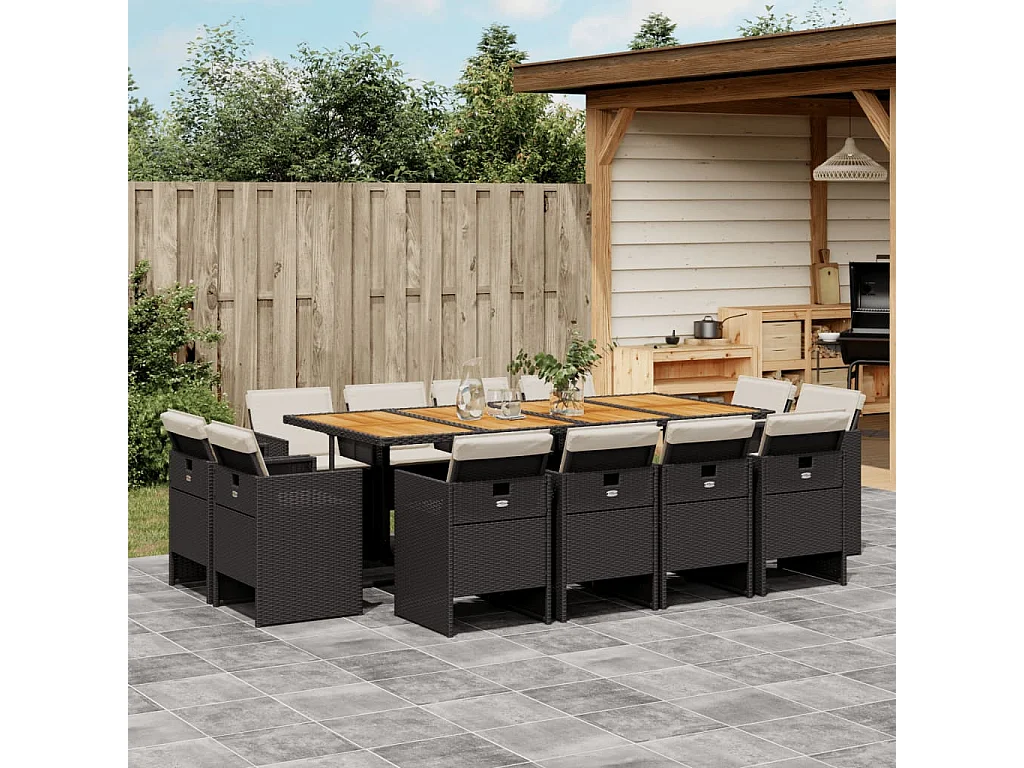 Set comedor de jardín con cojines 13 piezas ratán sintético negro
