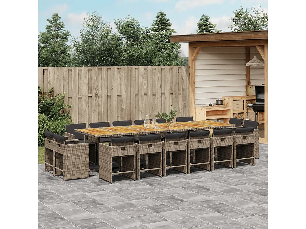Set comedor de jardín 17 piezas y cojines ratán sintético gris