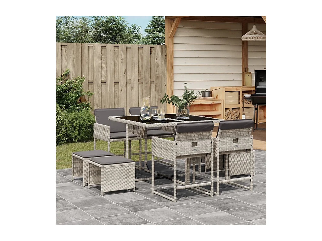 Ensemble à manger de jardin et coussins 9 pièces gris clair rotin