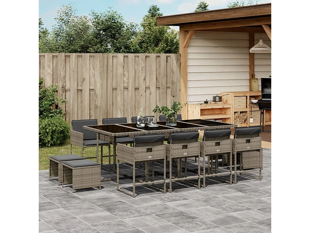 Set comedor de jardín con cojines 13 piezas ratán sintético gris