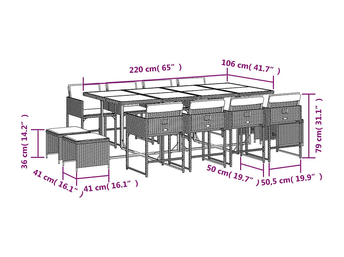 Set comedor de jardín con cojines 13 piezas ratán sintético gris