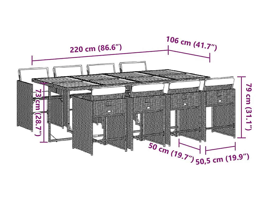 Ensemble à manger de jardin et coussins 9 pièces beige Poly rotin