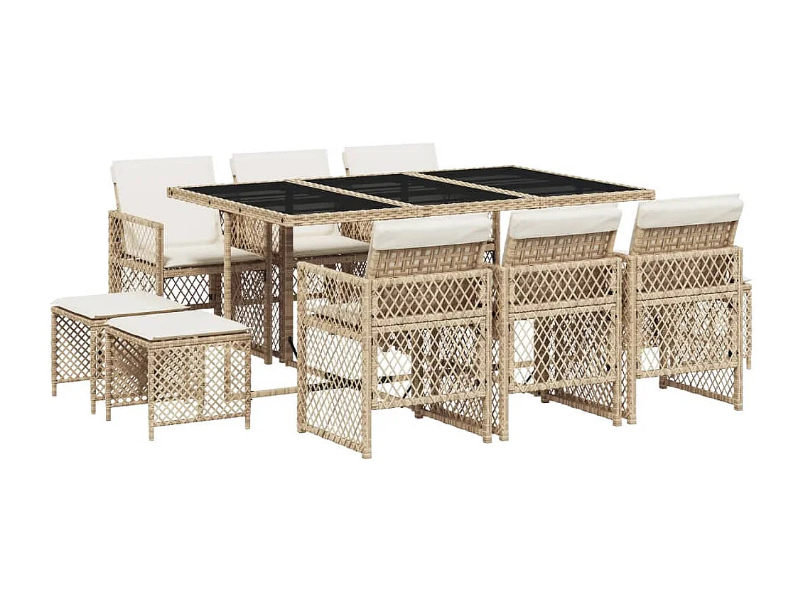 Ensemble à manger de jardin et coussins 11 pièces beige poly rotin