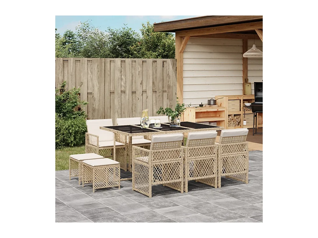 Ensemble à manger de jardin et coussins 11 pièces beige poly rotin